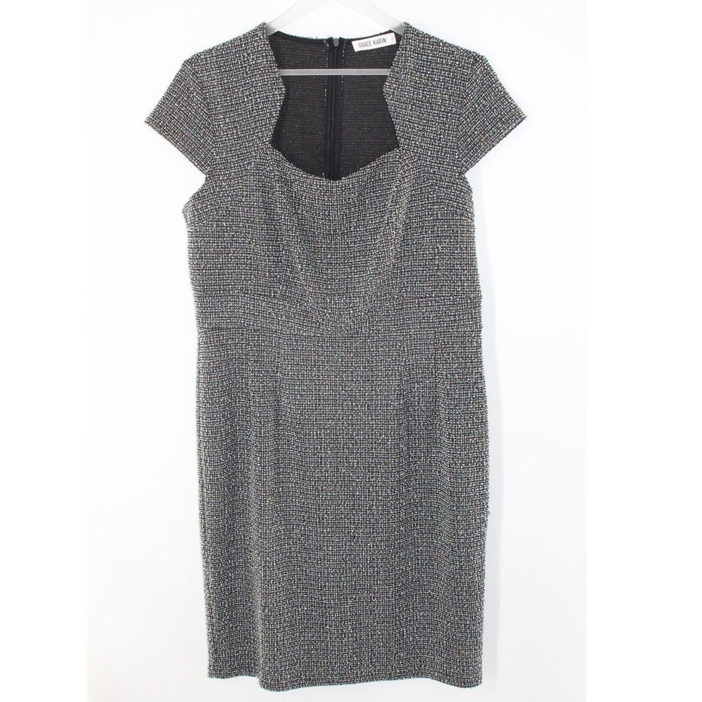 Grace Karin Tweed Sheath Dress Notch Neck Cap Sleeve XL Multicolor